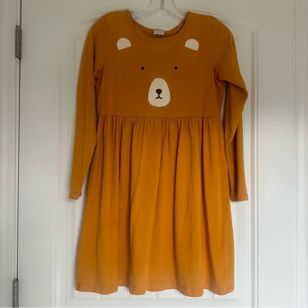 Hanna Anderson Bear Face Mustard Dress Girls Sz 12 US (150) Fall Autumn Holiday‎